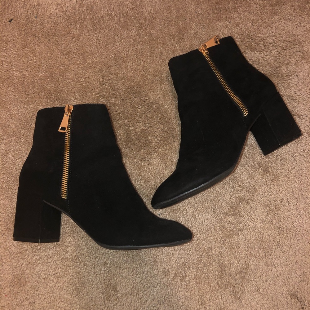 Black ankle Booties with gold accent zipper